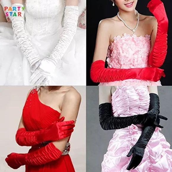 Elbow Length Long Satin Gloves Shirred Elbow Gloves - Picture 3 of 9